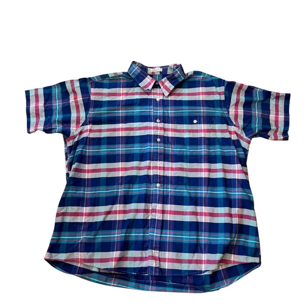 Vintage Sears Men's Casual Plaid Shirt - Blue and Pink Button Up Short Sleeve